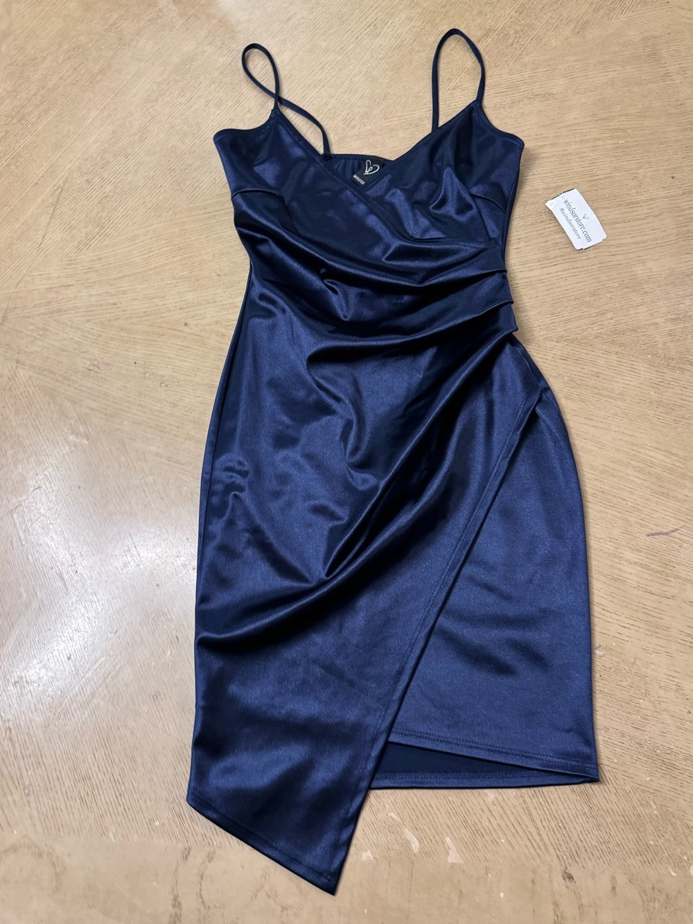 Windsor | Navy Blue Satin-Look Asymmetric Wrap Mini Spaghetti Strap Dress XS - Picture 5 of 12
